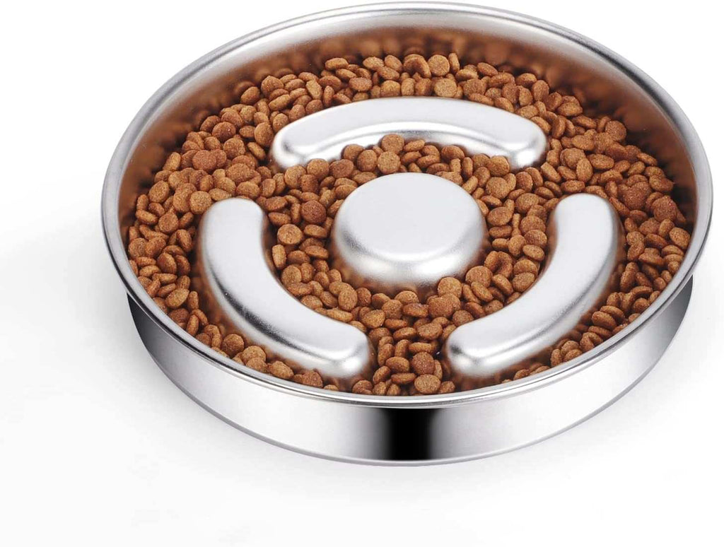 Stainless steel slow feeding bowl for pets filled with kibble, designed to promote healthier eating habits.