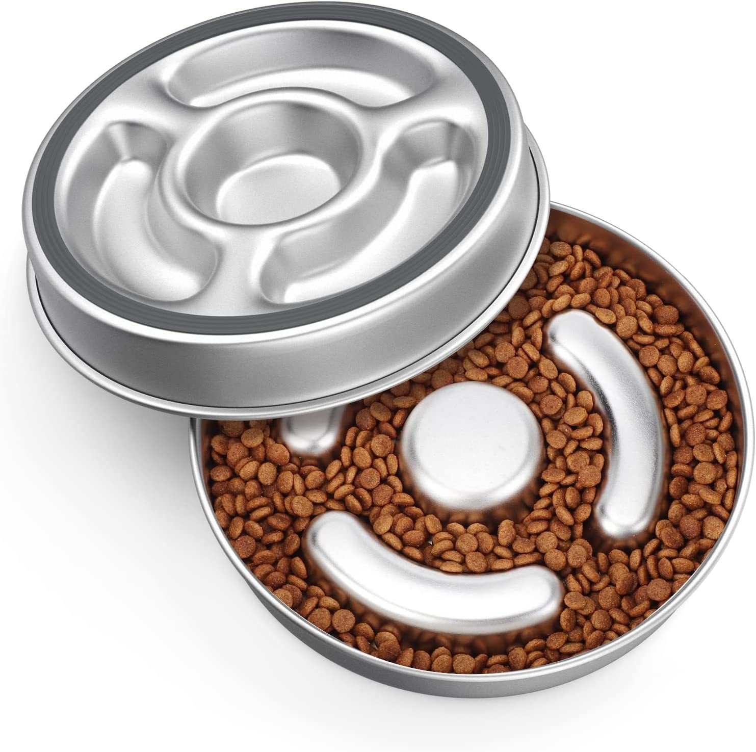 Stainless steel slow feeding bowl for pets with unique design for controlled eating and healthier habits.