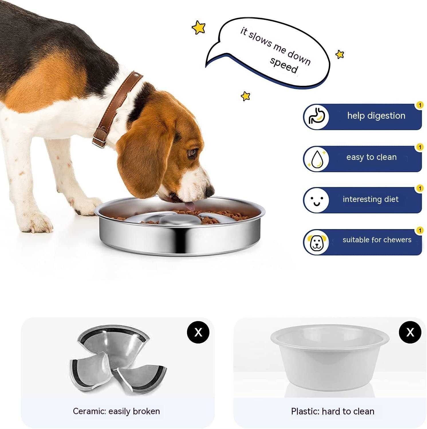 stainless steel slow feeding bowl for pets with a dog enjoying its meal, promoting slower eating habits.